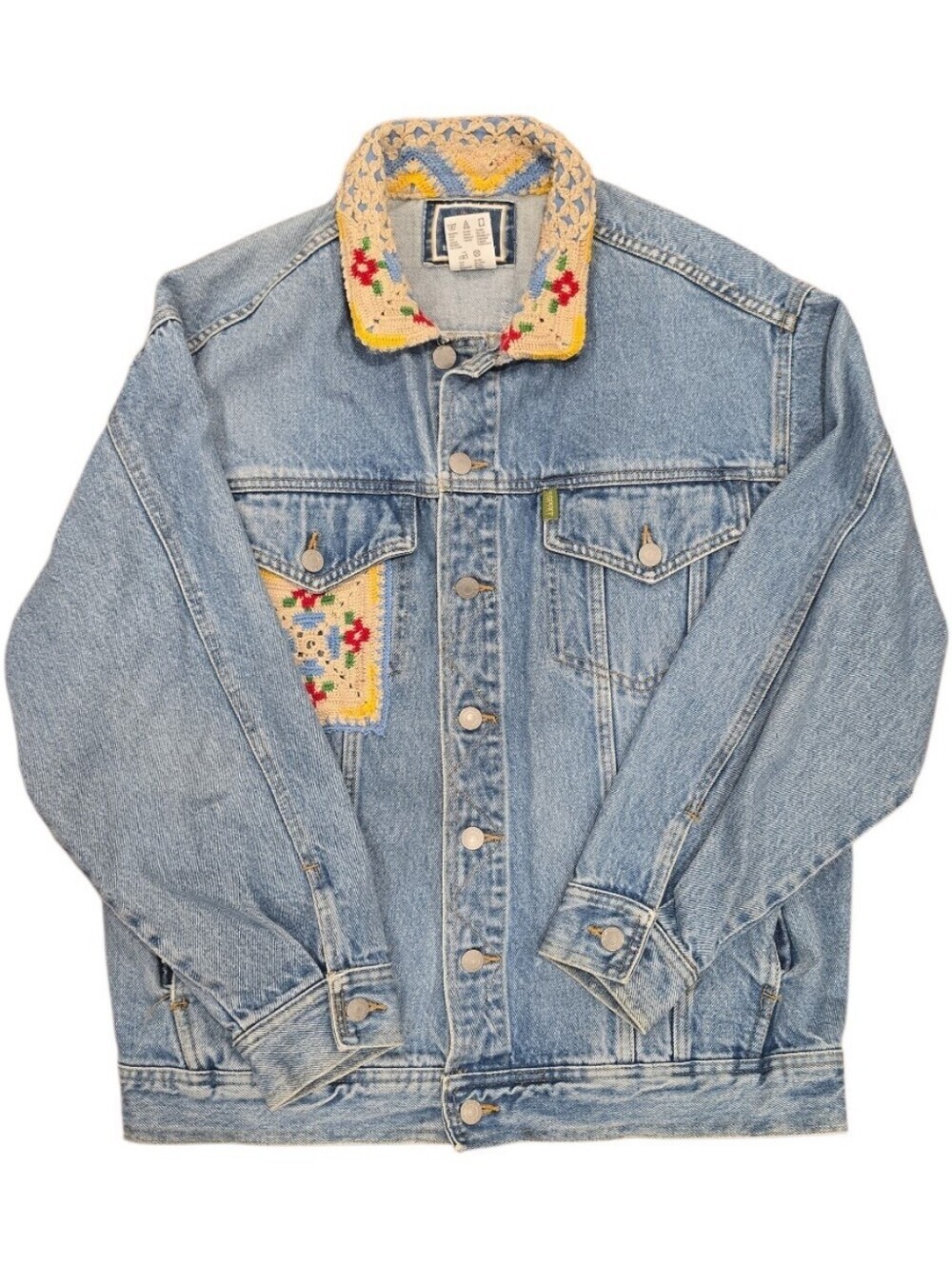 Vtg ESPRIT Distressed Unisex Trucker Style Denim Jacket Upcycled Tatted Lace Med
